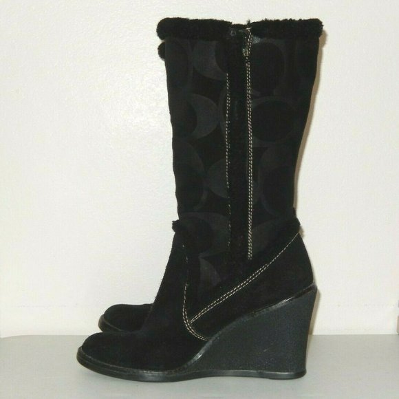 Coach Boots 6 Jordana Black Suede Signature Logo Shearling Trim Wedge Side Zip - Picture 5 of 11